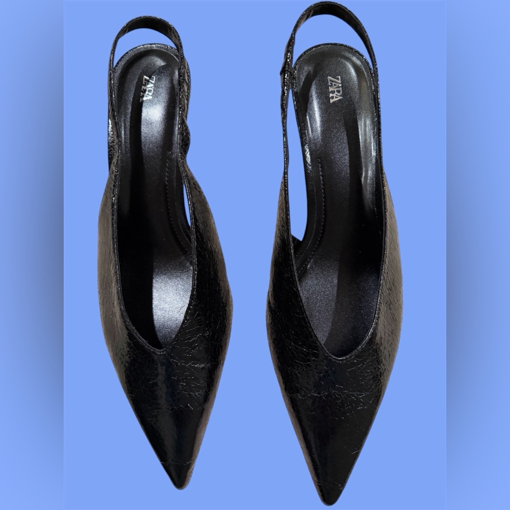 Zara Classic Black Pointed Slingback Kitten Heels